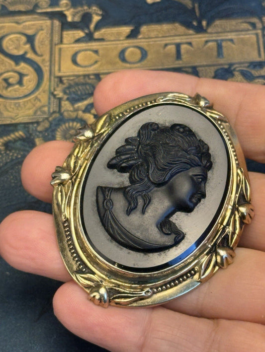 Cameo Brooch Black Glass Goldtone Floral Frame Victorian Style Vintage 2.5” x 2”