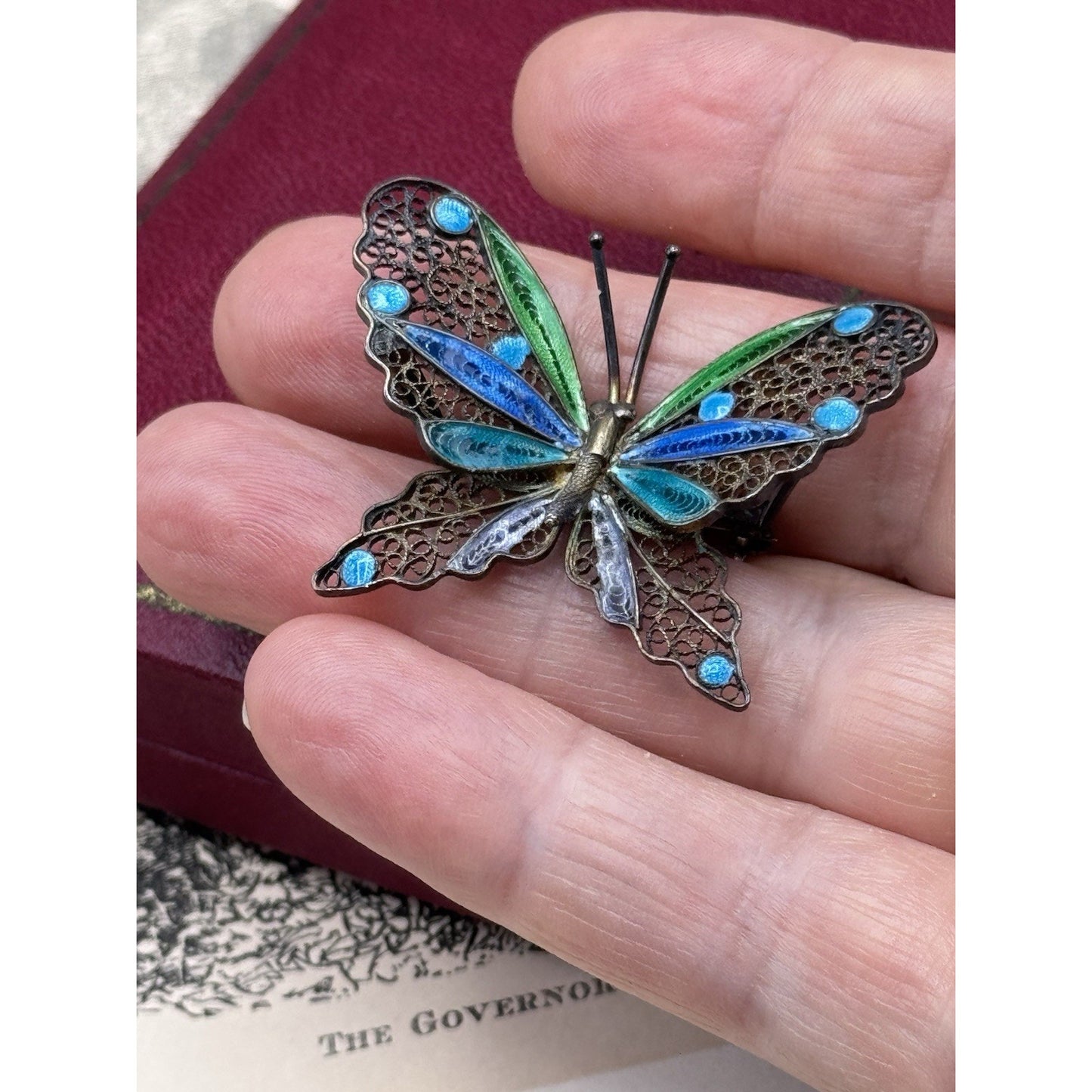 800 Silver Butterfly Brooch Filigree Enamel Blue Green 1.75” Estate VINTAGE