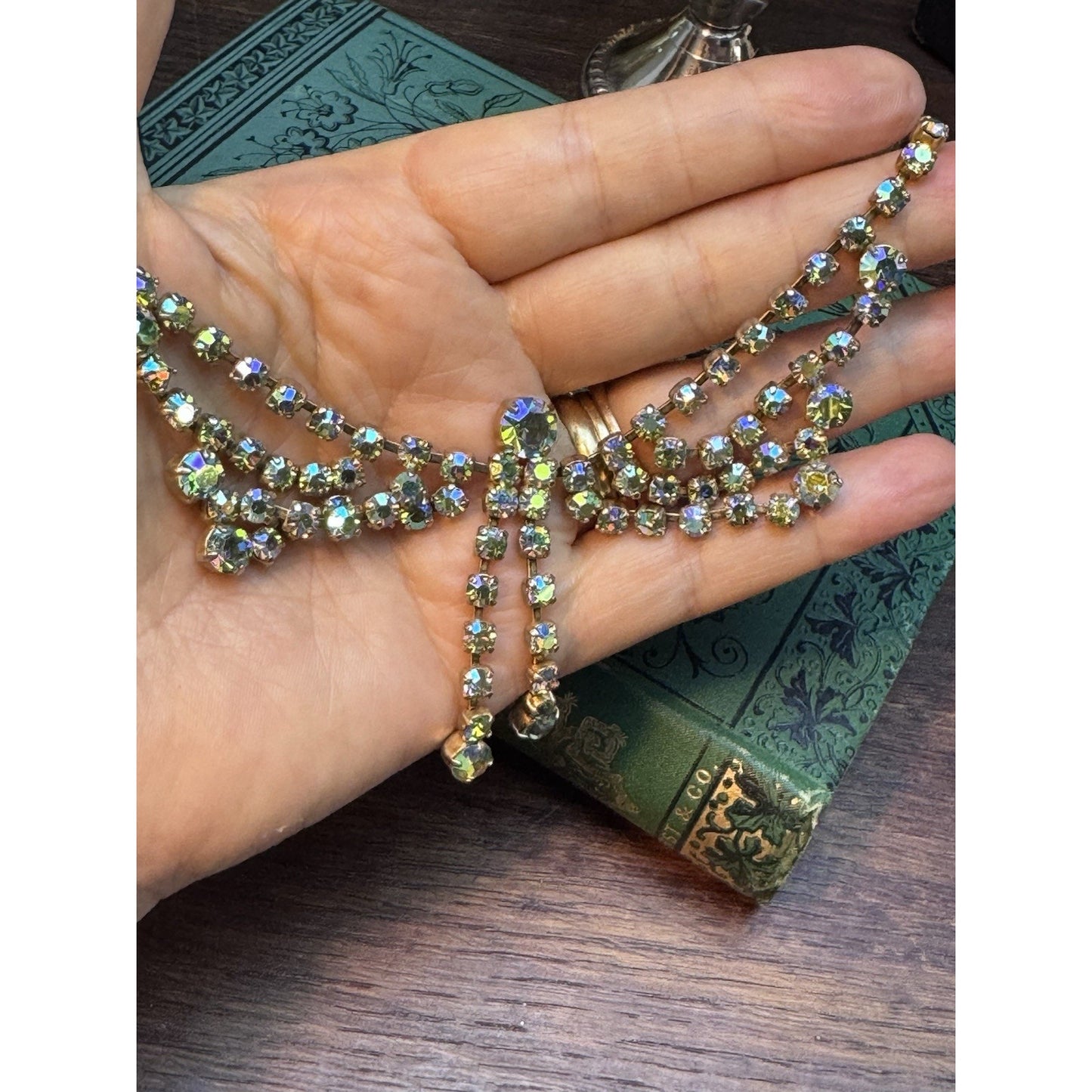 Vintage Butterfly Necklace Aurora Borealis Rhinestone Statement 15”