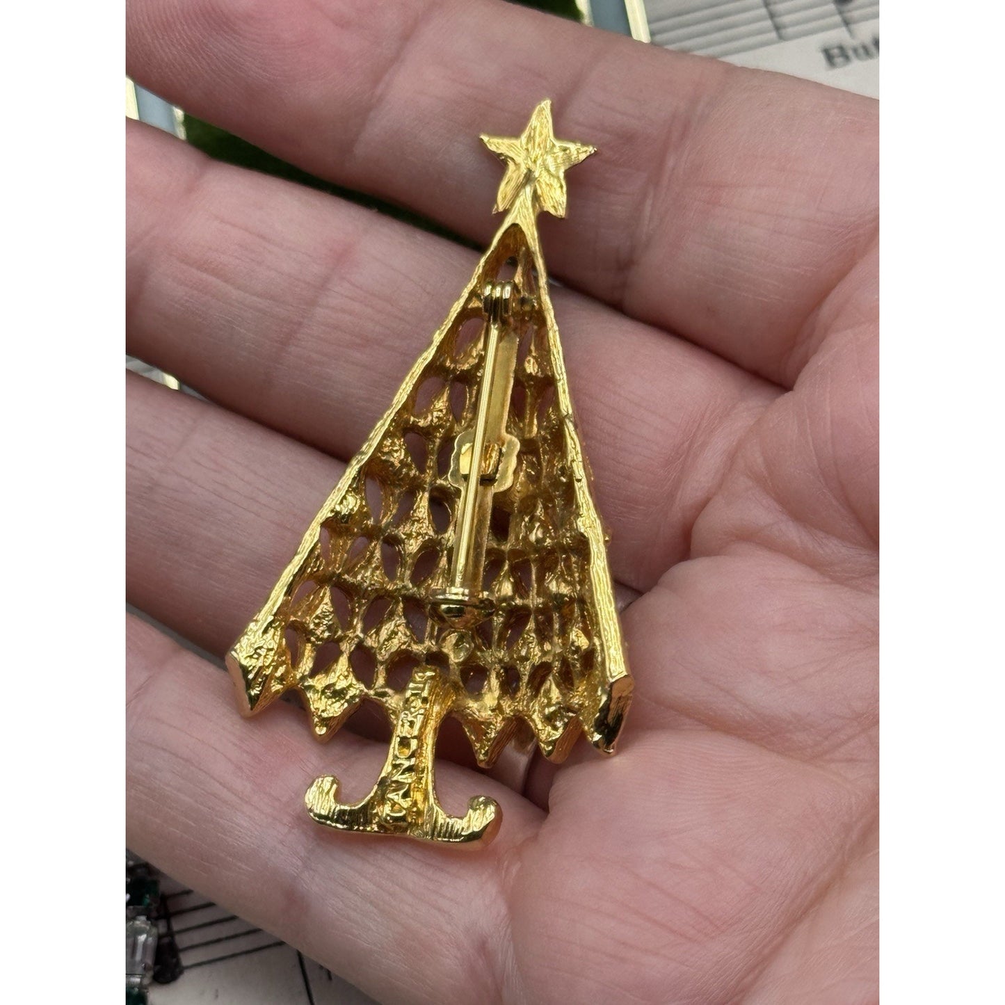 Christmas Tree Brooch Vintage Tancer II Goldtone Red Green Rhinestone Pin 2.25”