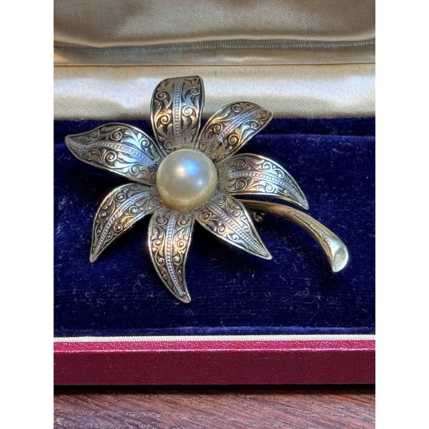 Spain Damascene Flower Brooch Goldtone Faux Pearl Vintage Toledo Style