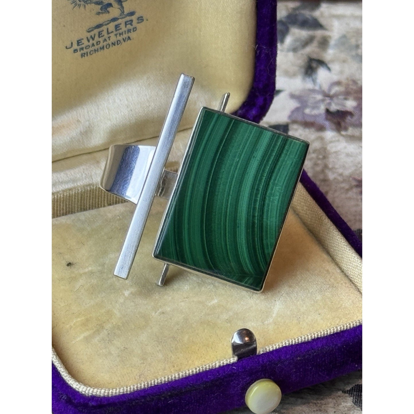 Malachite Ring Sterling Silver Modernist Size 8.5 Adjustable Statement Ring