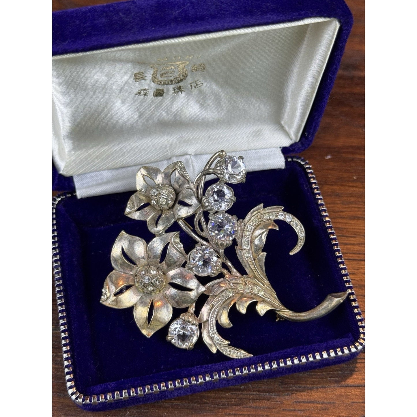 Vintage Brooch Silver-Goldtone Floral Clear Rhinestone Flower Spray Large 3”