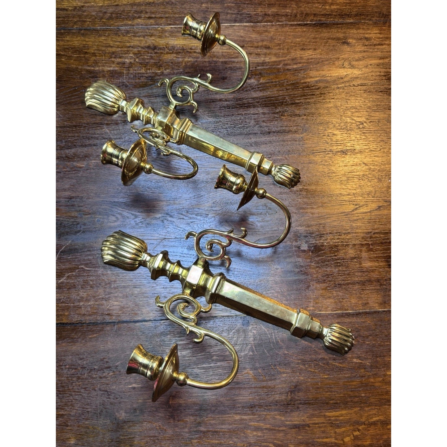 Pair Vintage Brass Wall Candle Sconces India Lacquered 2 Arm 15”