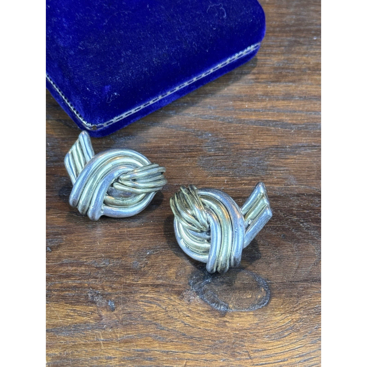 Vintage 925 Sterling Silver Two-Tone Knot Clip-POST Earrings Statement 1.5”
