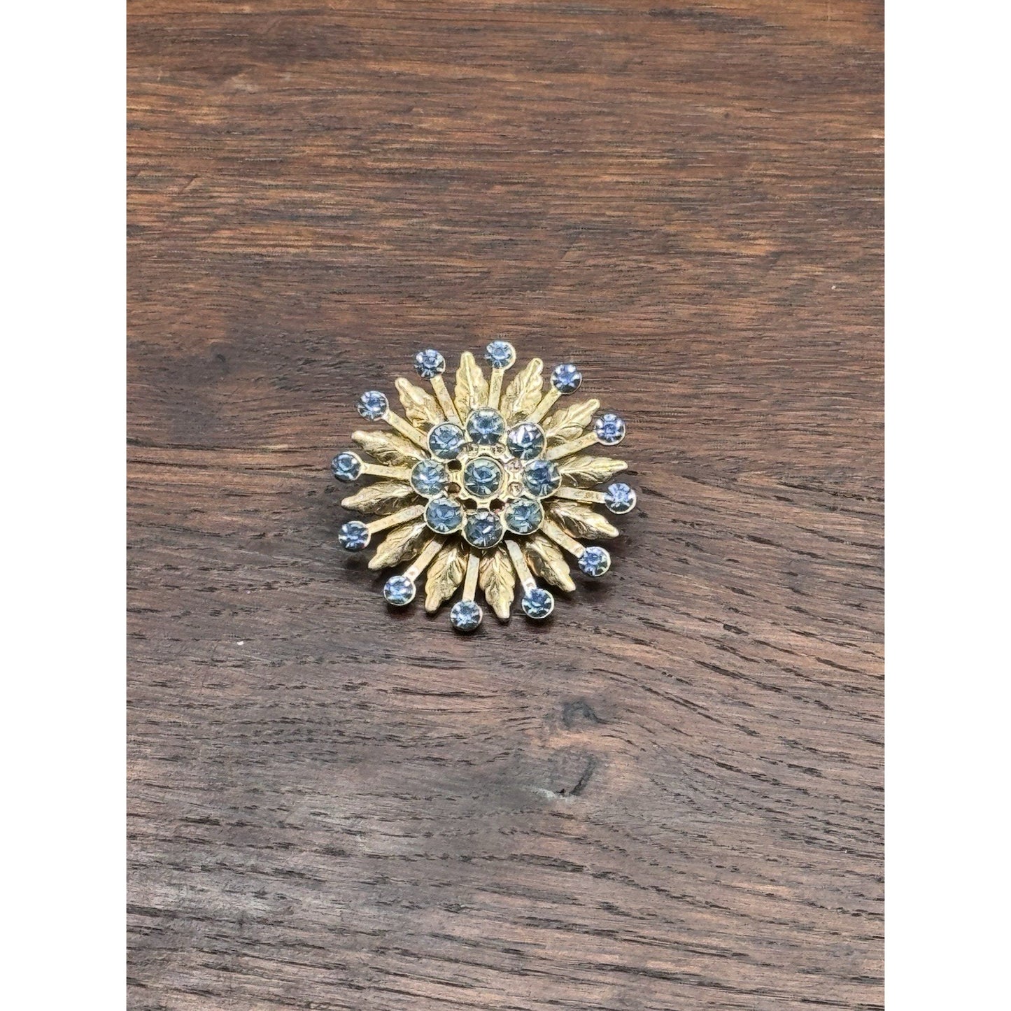 Vintage Brooch Blue Rhinestone Goldtone Floral Sunburst Statement Pin 1.5”
