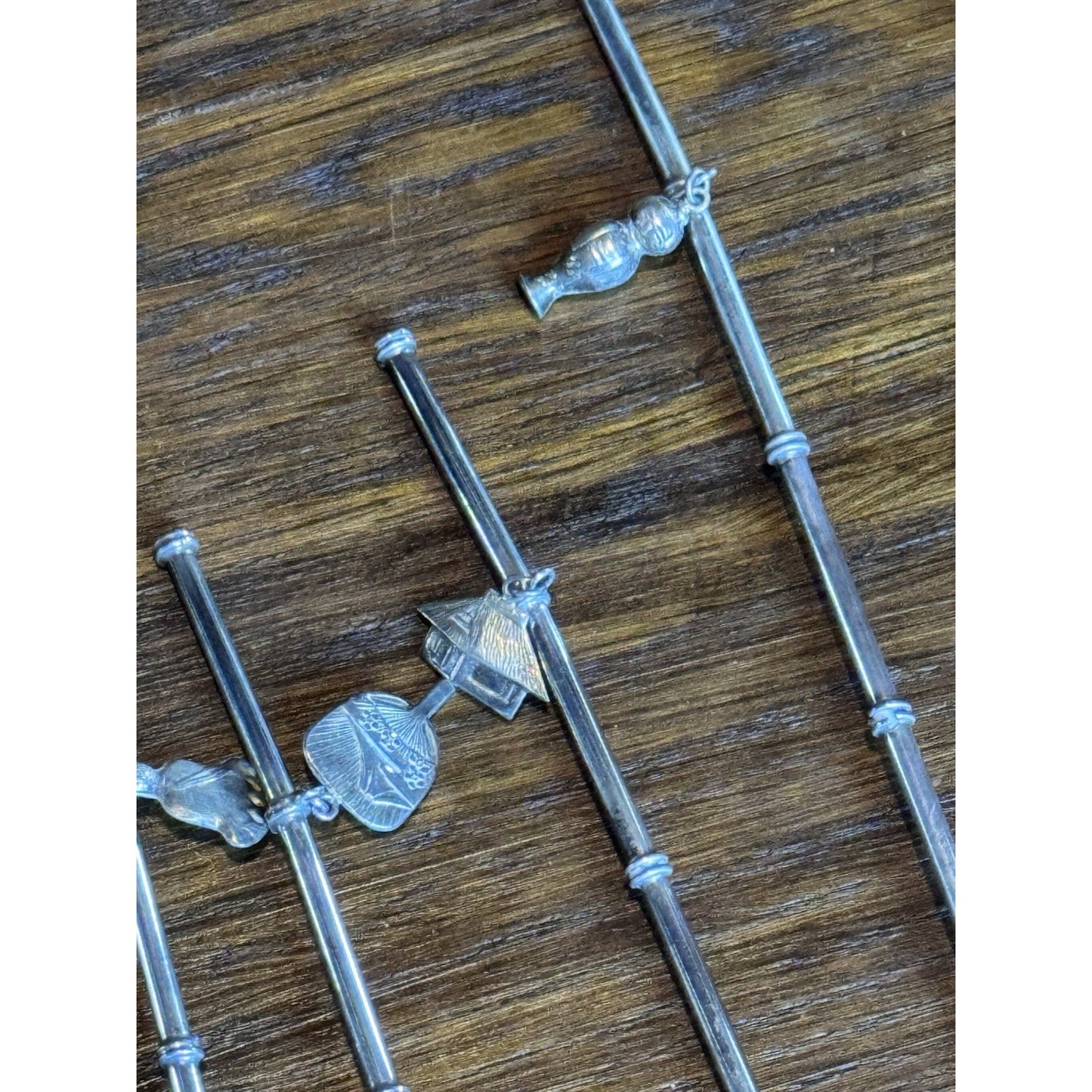 Silver Cocktail Straw Spoons 950 Sterling Bamboo Handle Asian Charms Set VINTAGE