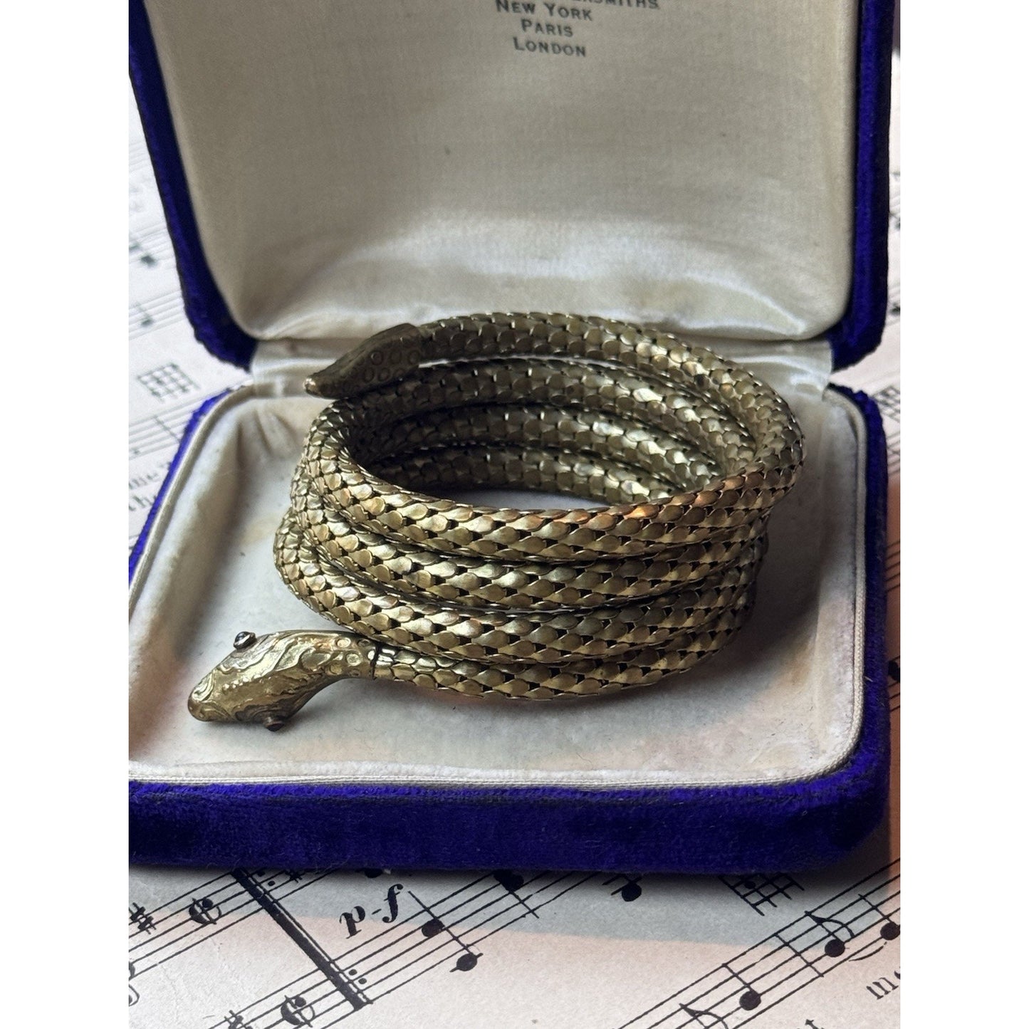 Snake Coil Bracelet Victorian STYLE Goldtone Red Glass Eyes 6.25” x 1”