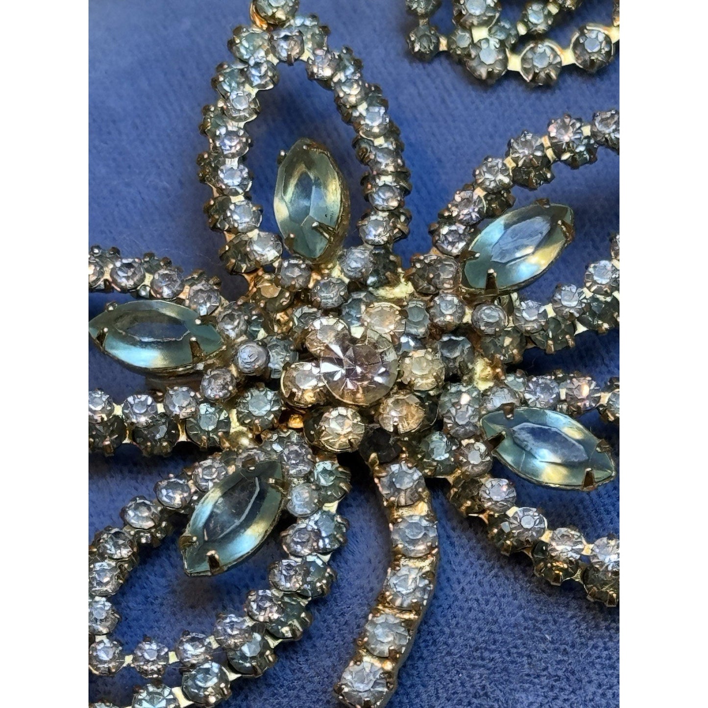 Vintage Rhinestone Brooch & Earring Set Blue Rhinestones Openwork Floral Design