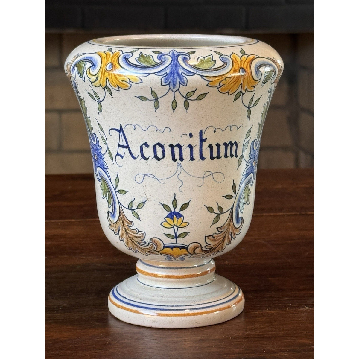 Apothecary Jar Italian Pottery Aconitum Hand Painted Faience Vase 7” Vintage