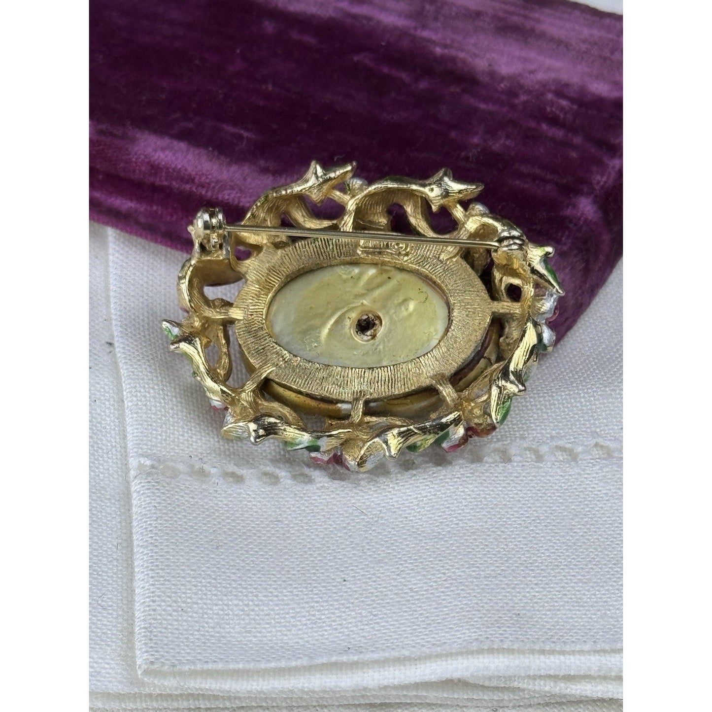 Vintage Goldtone Faux Baroque Pearl Brooch Enamel Floral Signed ART 1.75”
