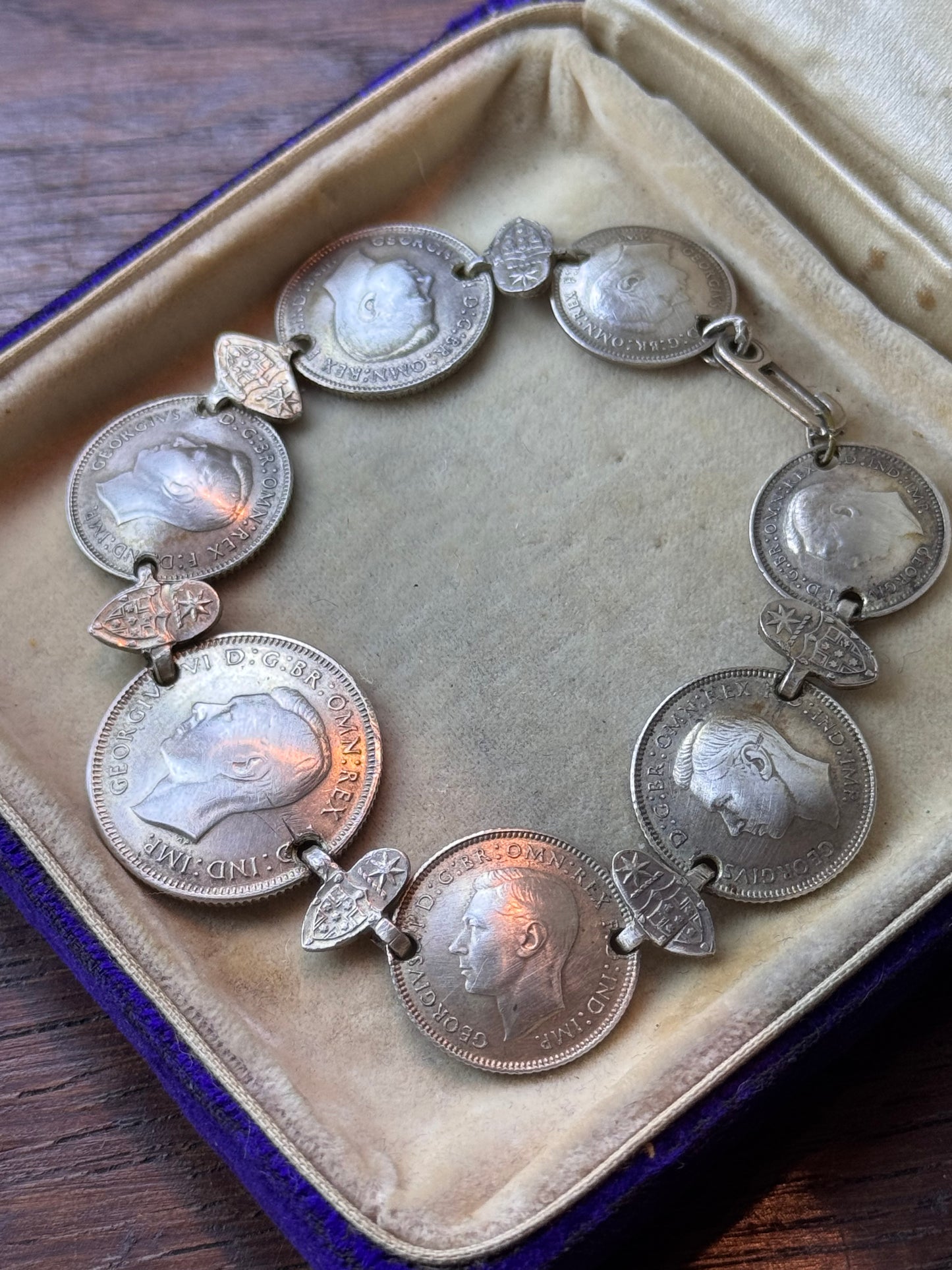 Australian Sterling Silver Coin Bracelet 7” 1942 1943 Shilling Sixpence