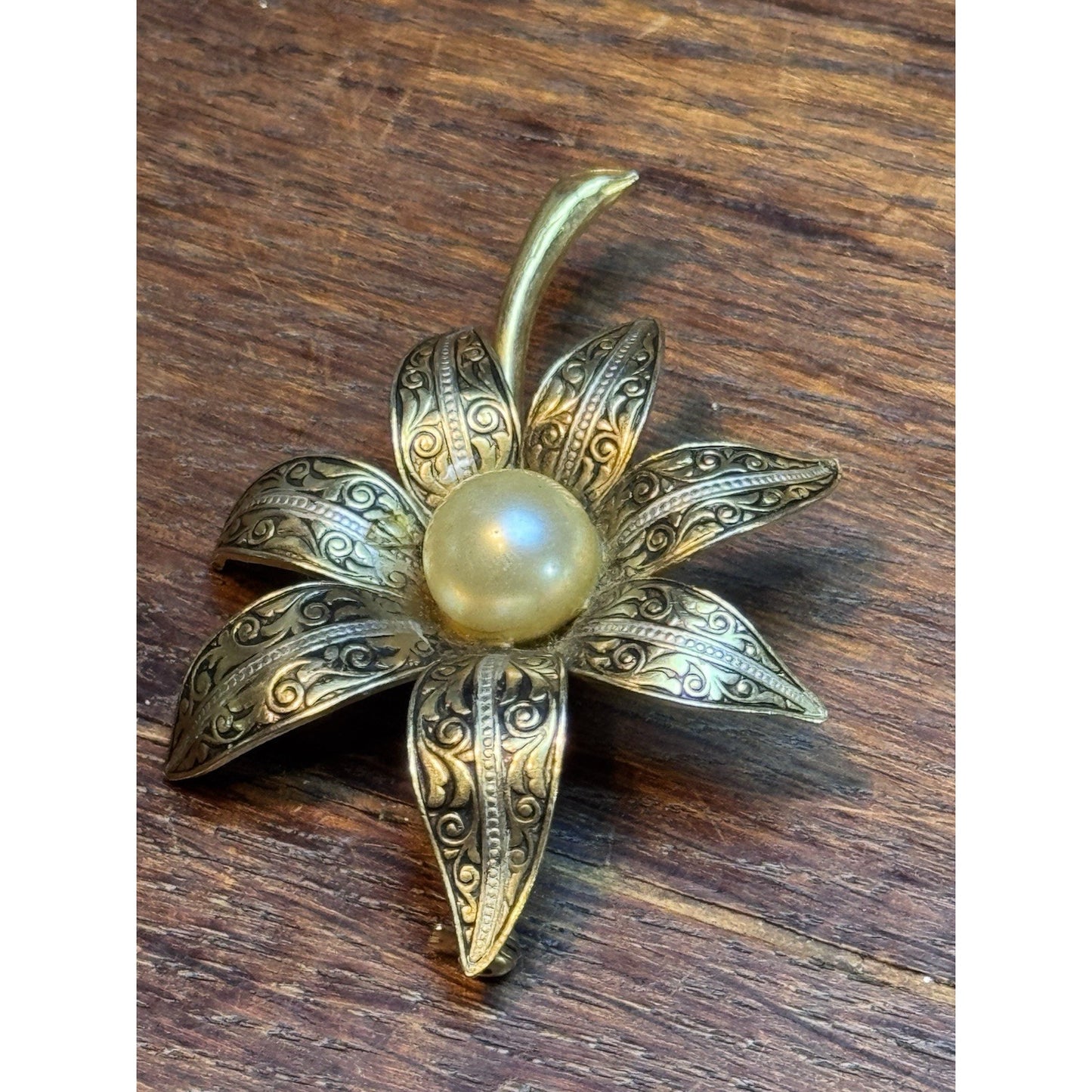 Spain Damascene Flower Brooch Goldtone Faux Pearl Vintage Toledo Style