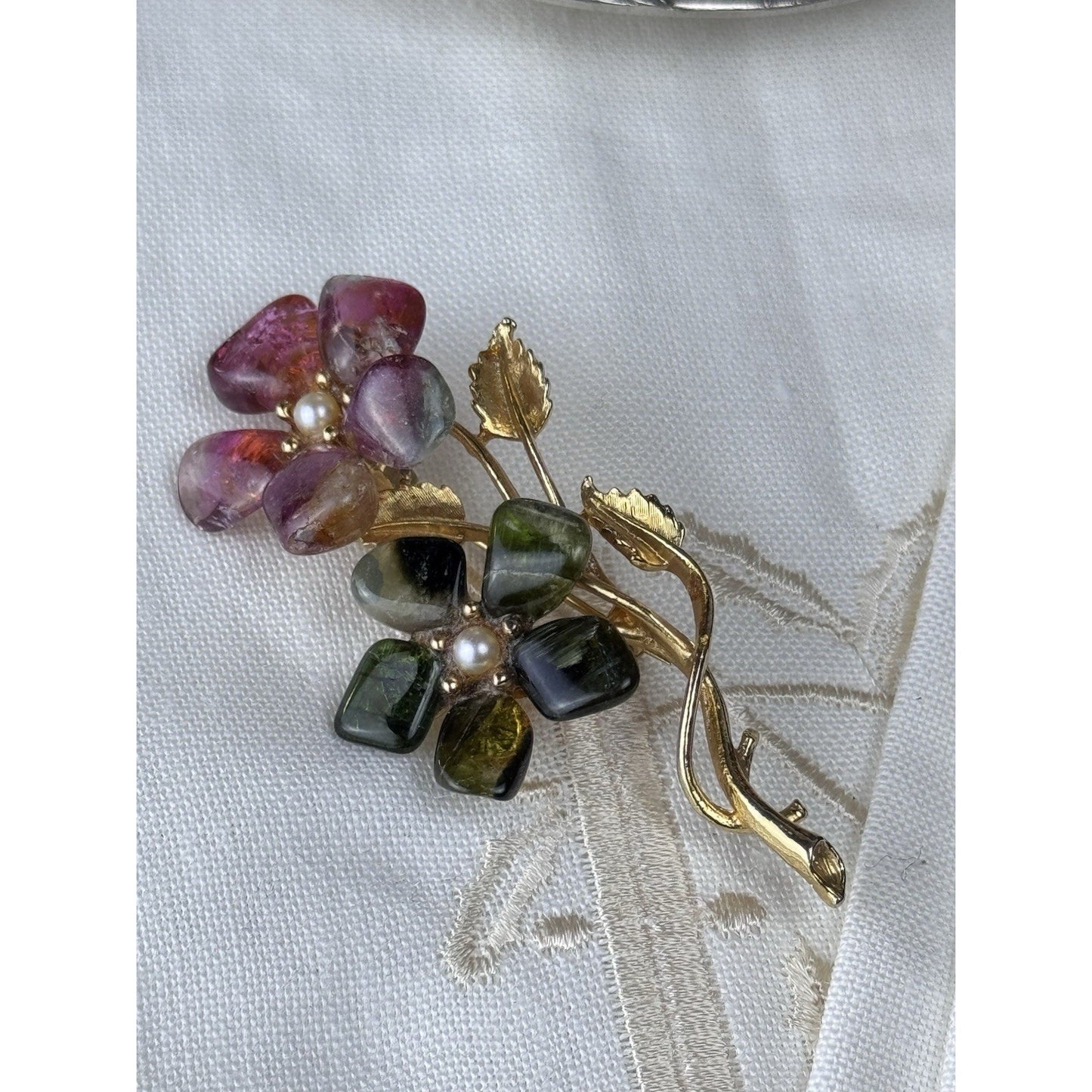 Vintage Pink Green Stone Floral Brooch Seed Pearl Goldtone 2.75” Estate Pin