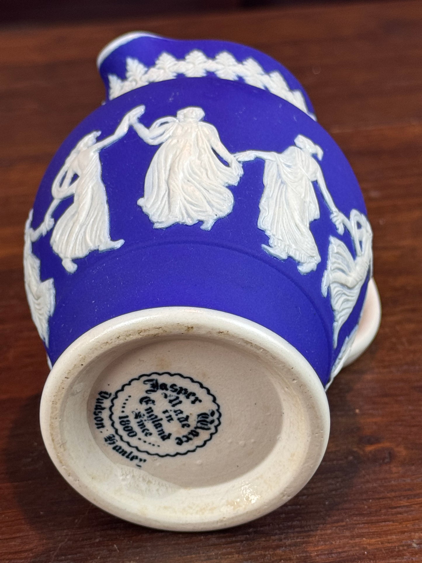 Vintage Dudson Hanley Jasper Ware Pitcher Jug Cobalt Blue Dancing Figures 5.5”