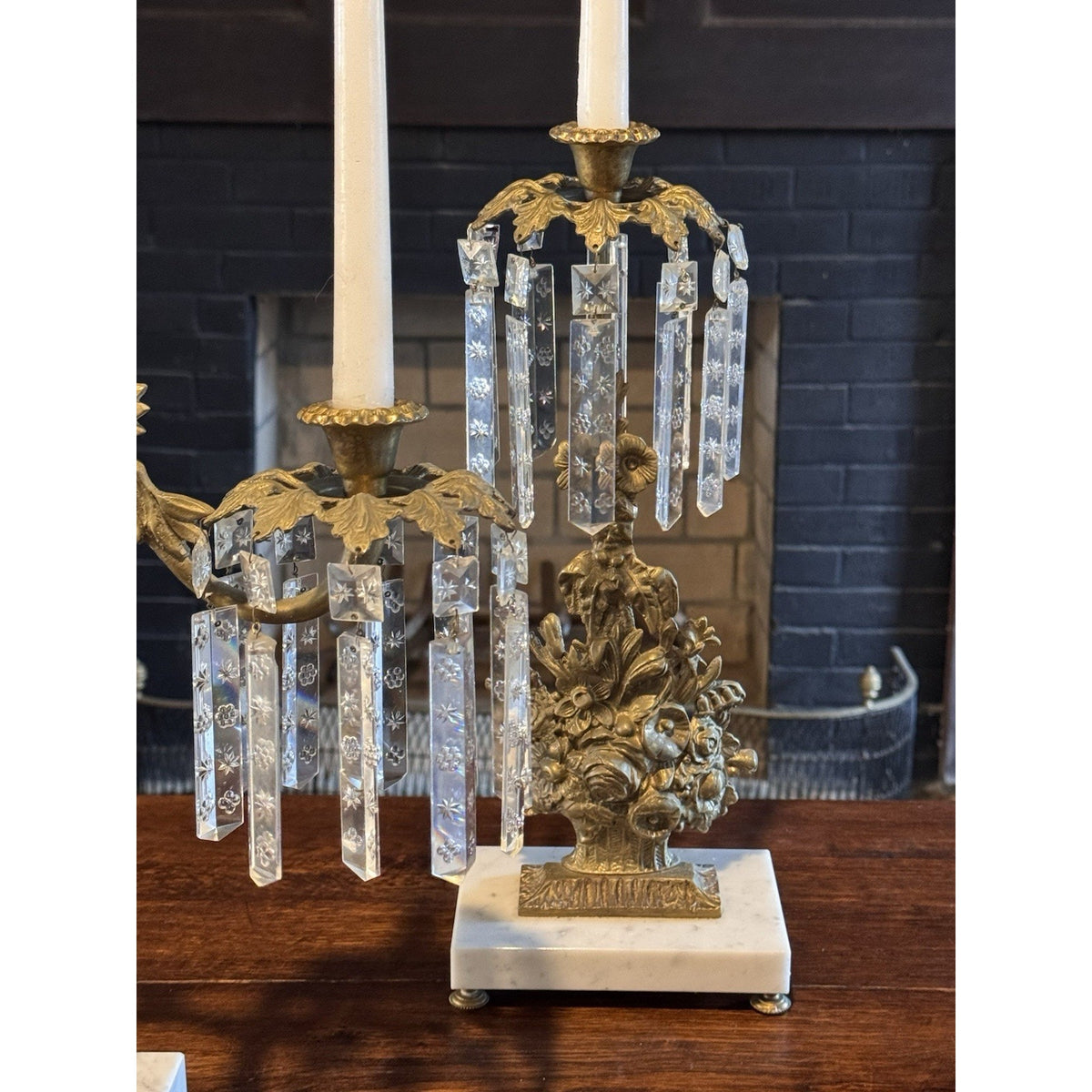 Girandole Candelabra Set Goldtone Floral Marble Crystal Prisms 3 Piece 18” 15.5”