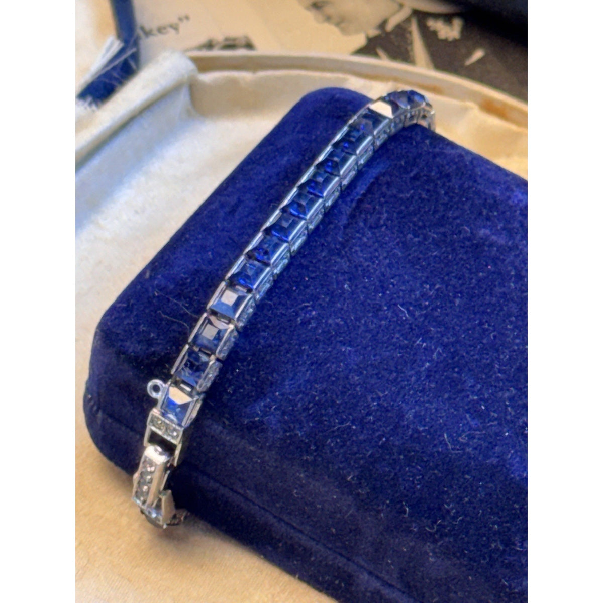 OTIS Bracelet Sterling Silver Art Deco Blue Stone Signed Vintage 6.75”