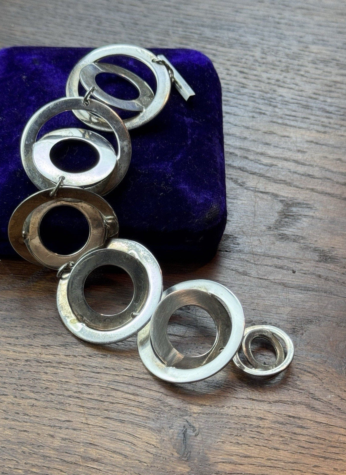 Sterling Silver Modernist Bracelet 6.25” Sculptural Circle Links Toggle 61.2g
