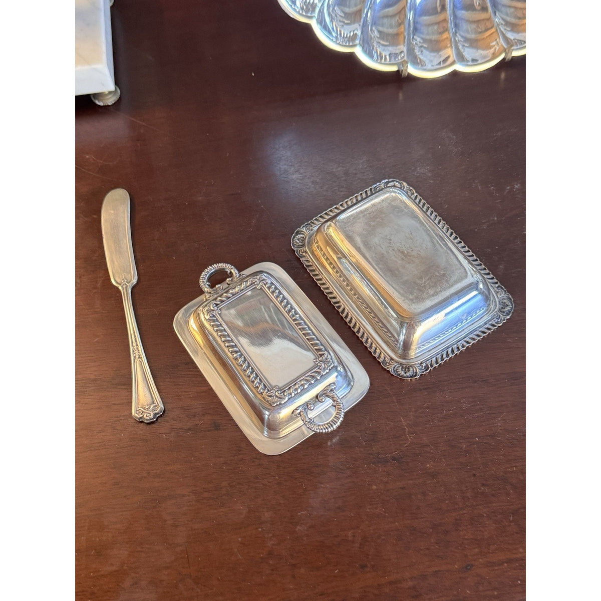 Silverplate Miniature Butter Dish With Lid & Spreader Vintage Set #B 4.5”