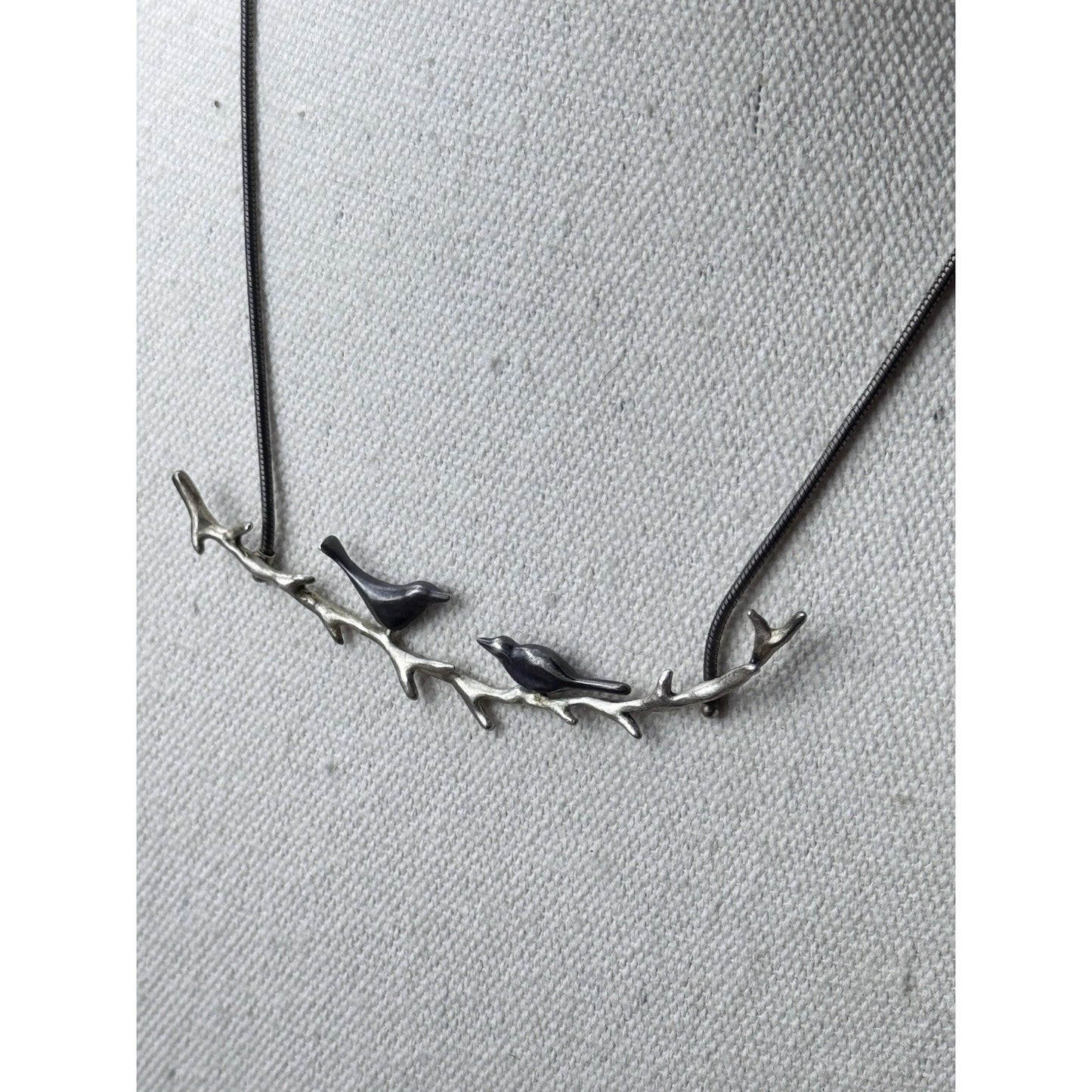 Sterling Bird Necklace 17” Modernist Birds on Branch Pendant 3.25” 925