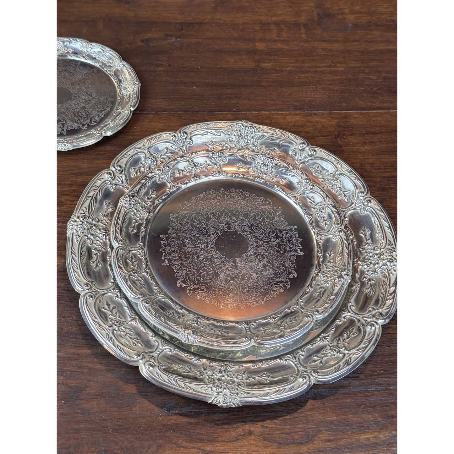 Silverplate Trays Set of 3 Leonard Repoussé Floral 14.5” 10.5” 8” VINTAGE