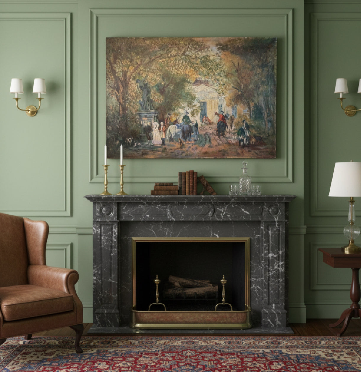 Vintage Oil Painting Fox Hunt Scene Country House Equestrian 35 X 25”