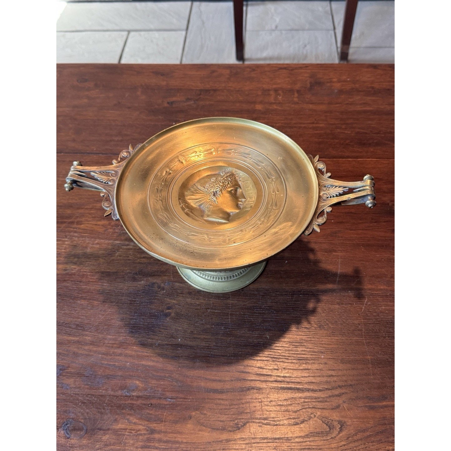 Antique Brass Tazza Compote Classical Medallion Pedestal Dish 14” Handles