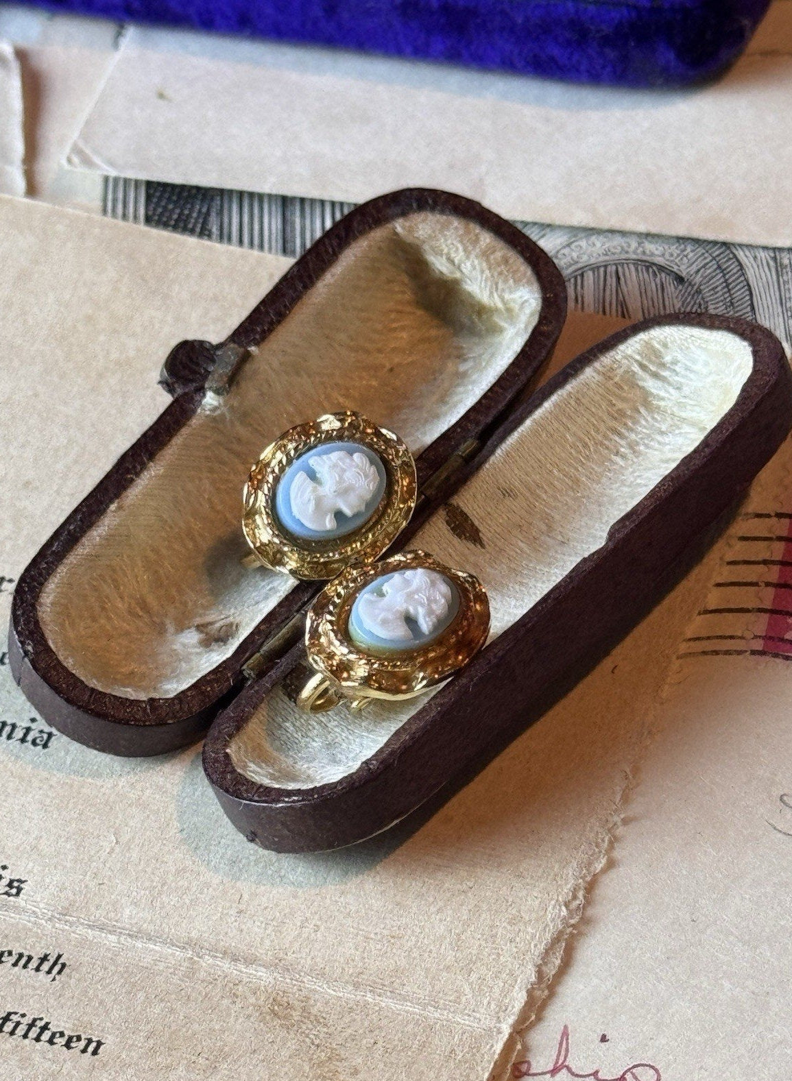 Vintage Faux Cameo Clip On Earrings Blue White Portrait Goldtone Oval 5/8” x .5”