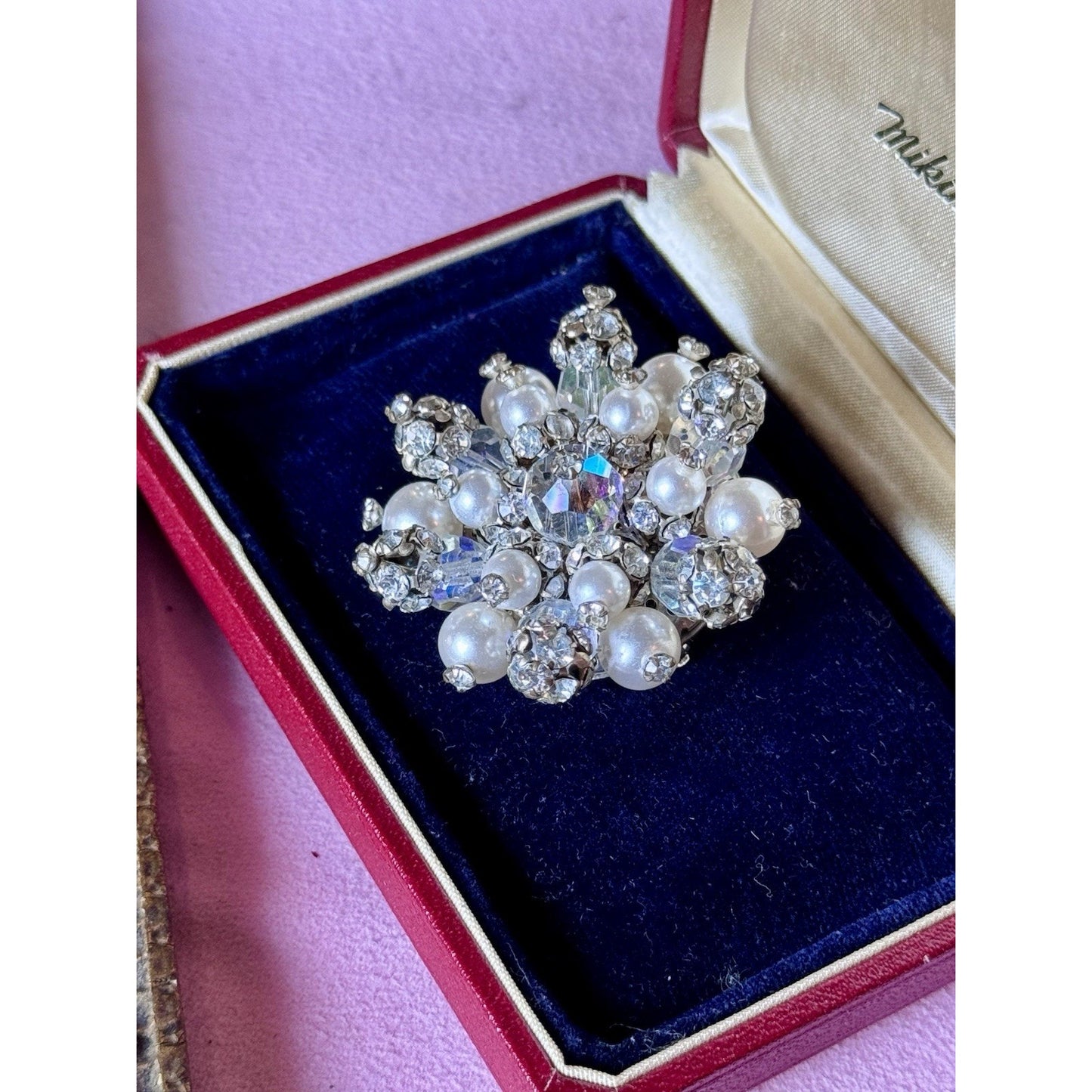 Vintage Brooch Faux Pearl Rhinestone Cluster Silvertone Crystal Bead Pin