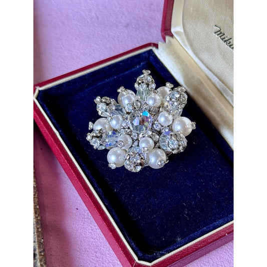 Vintage Brooch Faux Pearl Rhinestone Cluster Silvertone Crystal Bead Pin