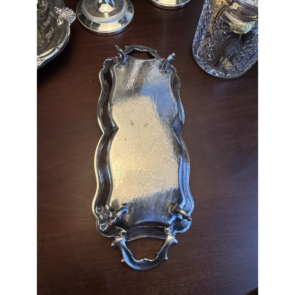 Silverplate Serving Tray 5th Ave Silver Co Footed Handled Chased Vintage 14.5”
