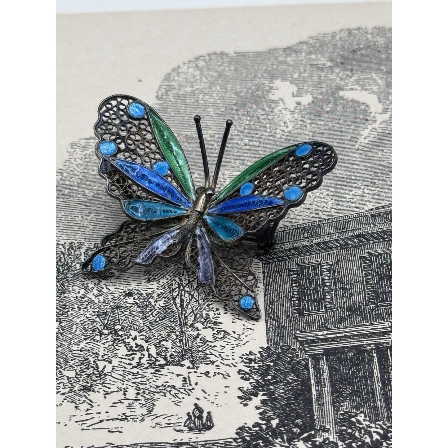 800 Silver Butterfly Brooch Filigree Enamel Blue Green 1.75” Estate VINTAGE