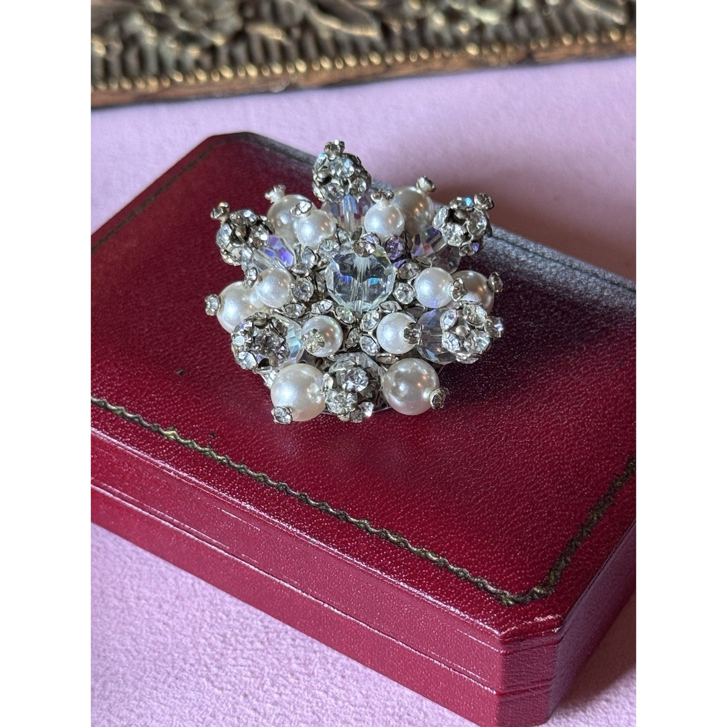 Vintage Brooch Faux Pearl Rhinestone Cluster Silvertone Crystal Bead Pin