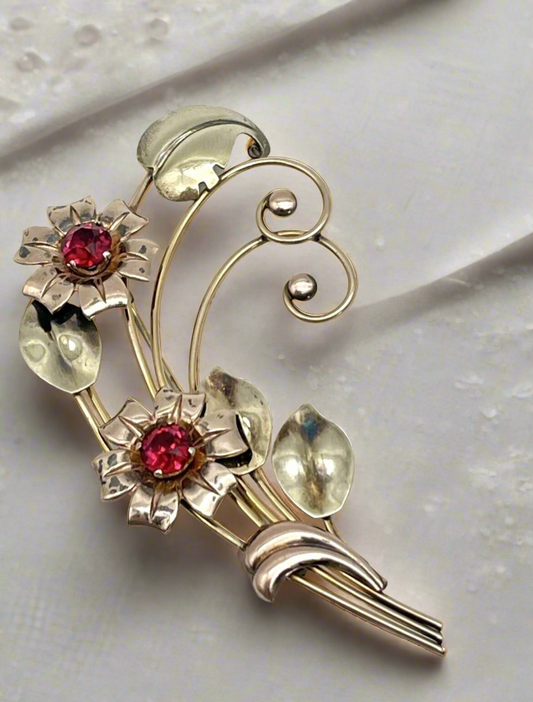 Vintage Harry Iskin 1/20 10K Gold Filled Red Flower Bouquet 3” Brooch Pin