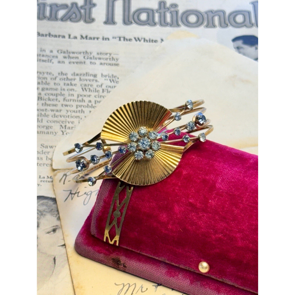 Krementz Cuff Bracelet Blue Rhinestone Goldtone Fan Mid Century Vintage 6.5”