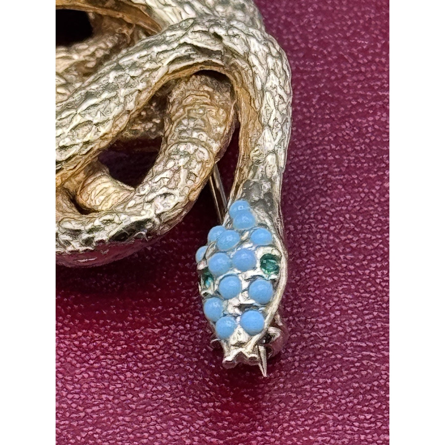 Les Bernard Snake Brooch Goldtone Serpent Blue Cabochon 2” Signed Inc Vintage