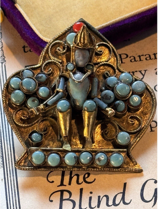 Tibetan Brooch Vintage Deity Turquoise Color Cabochon Goldtone Figural 2”