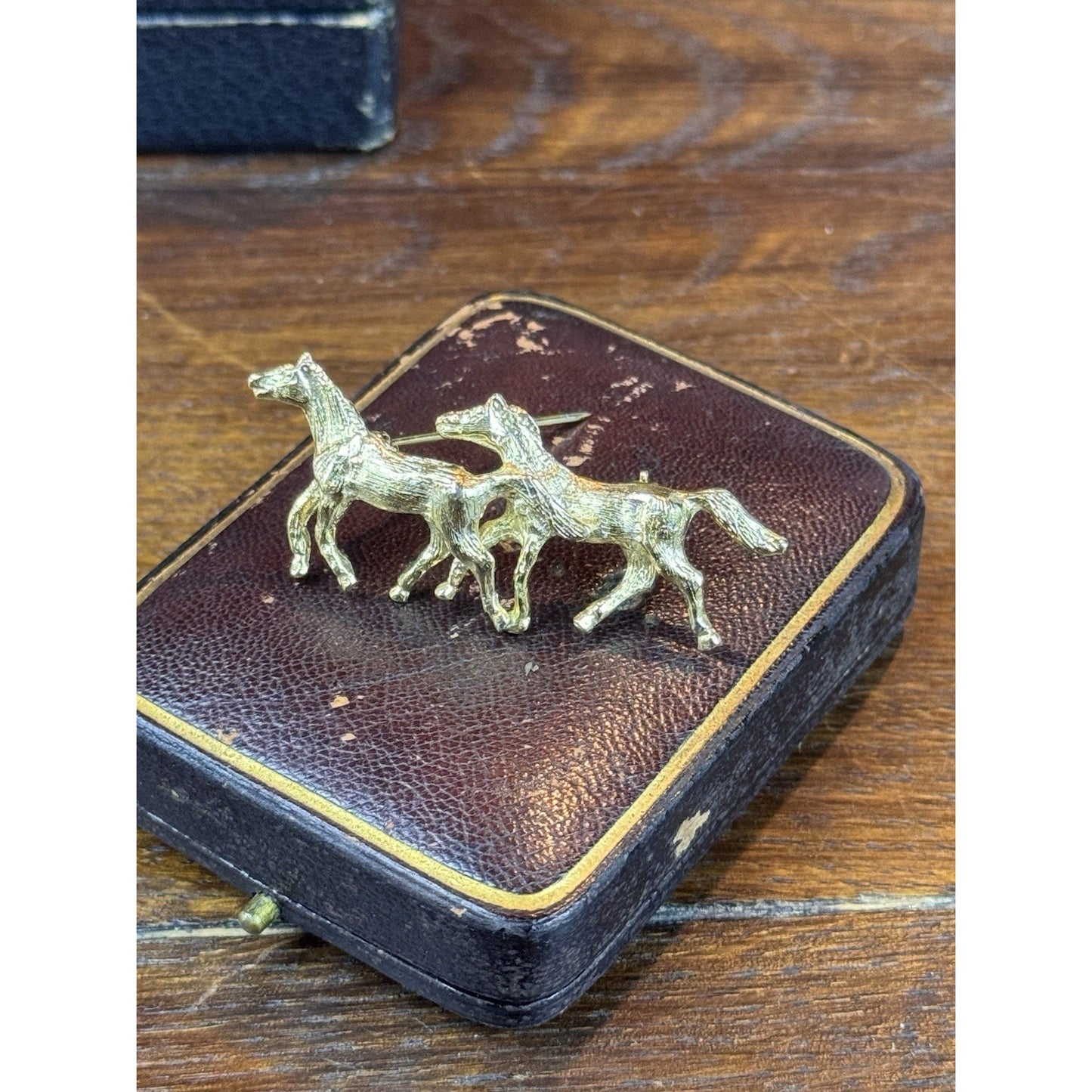 Vintage Horse Brooch Goldtone Two Running Horses Equestrian Pin 2.25” x 1”