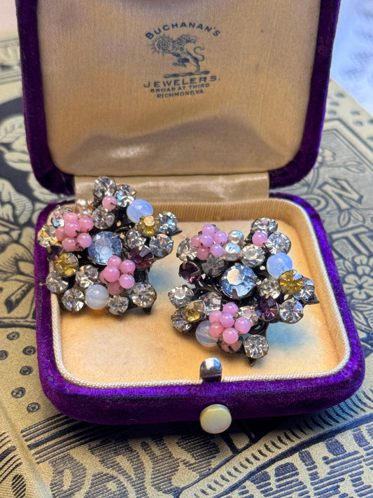 Vintage Haskell Earrings Pink White Beaded Floral Multicolor Rhinestone Clip-On