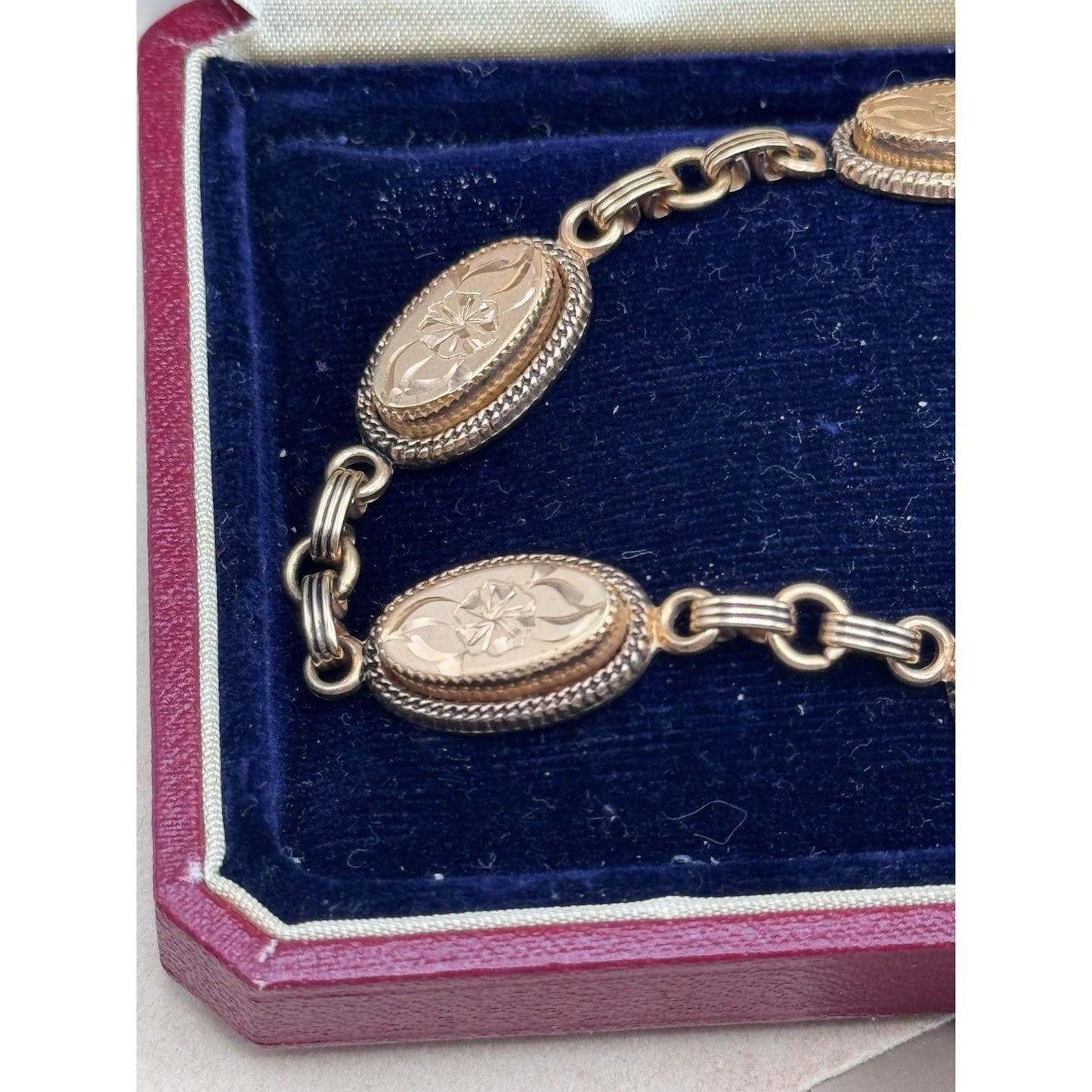 Vintage Gold Filled Floral Link Bracelet Victorian Style Safety Chain 7”
