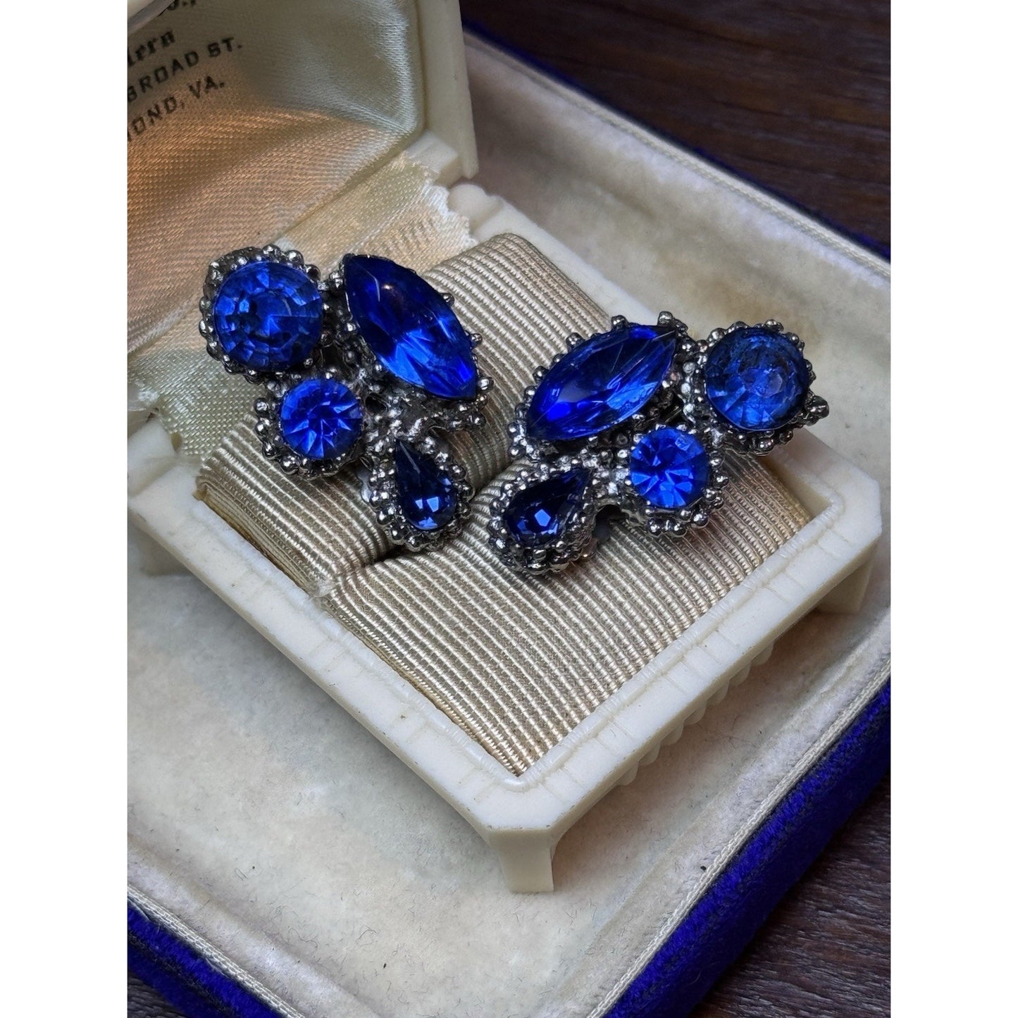 Vintage Cobalt Blue Rhinestone Clip On Earrings Silvertone