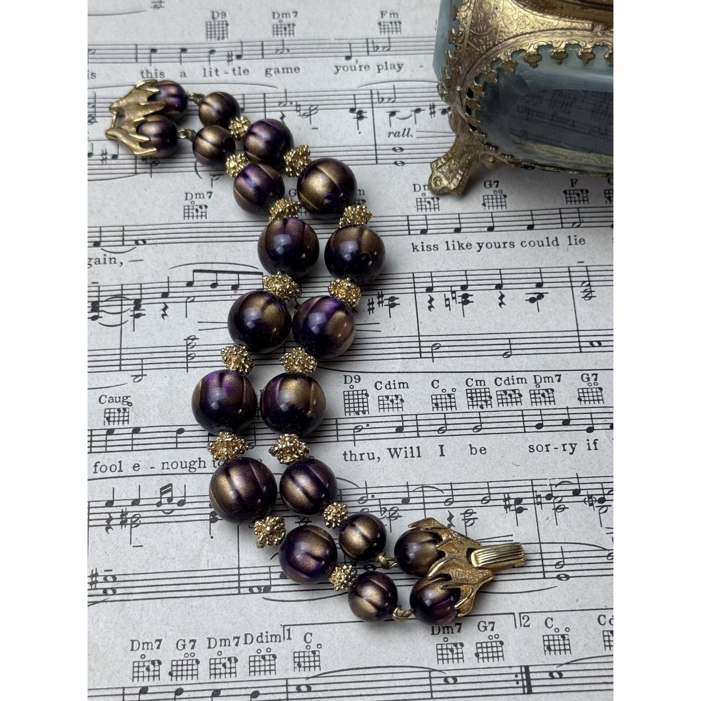 Vintage Crown Trifari Aubergine Beaded Necklace Bracelet Set Goldtone 27”