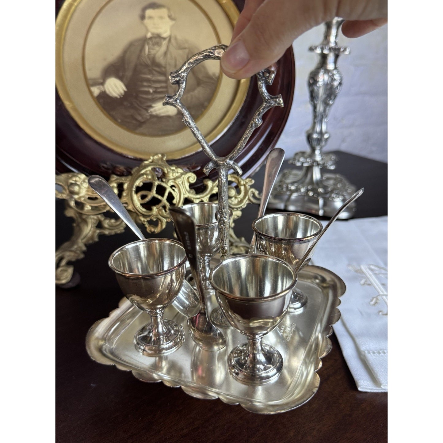 Silverplate Egg Cruet Set 4 Cups Spoons Caddy F Brothers Ltd English Antique
