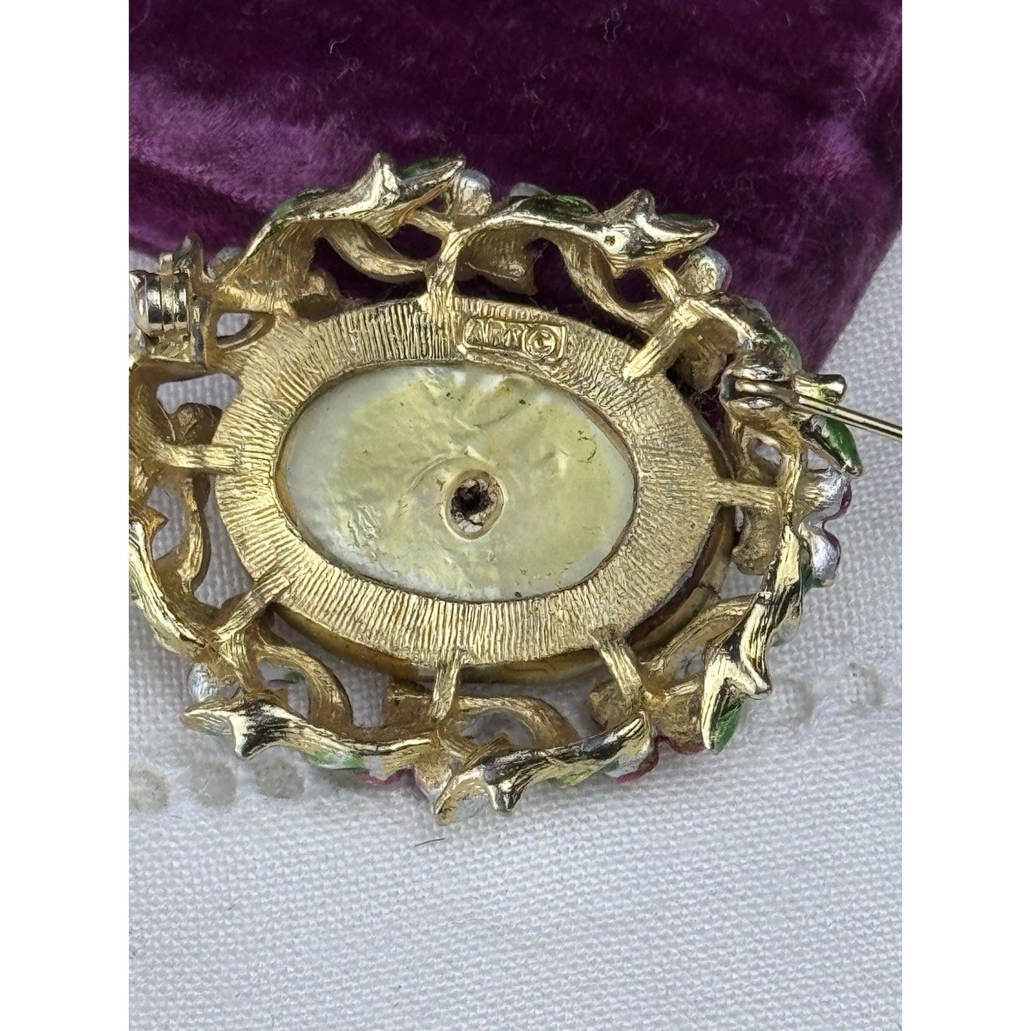 Vintage Goldtone Faux Baroque Pearl Brooch Enamel Floral Signed ART 1.75”