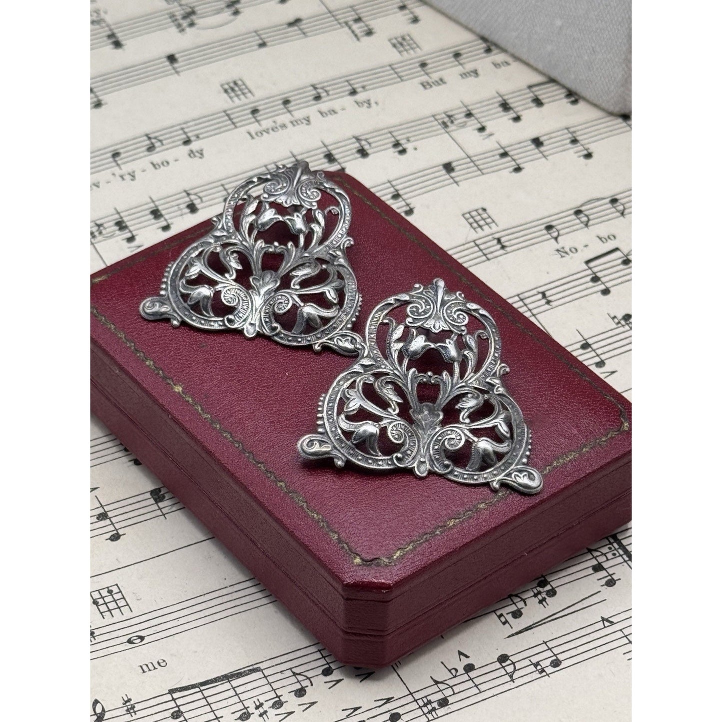 Large Silver Repoussé Earrings Antique Style Floral Scroll Post 1.75”