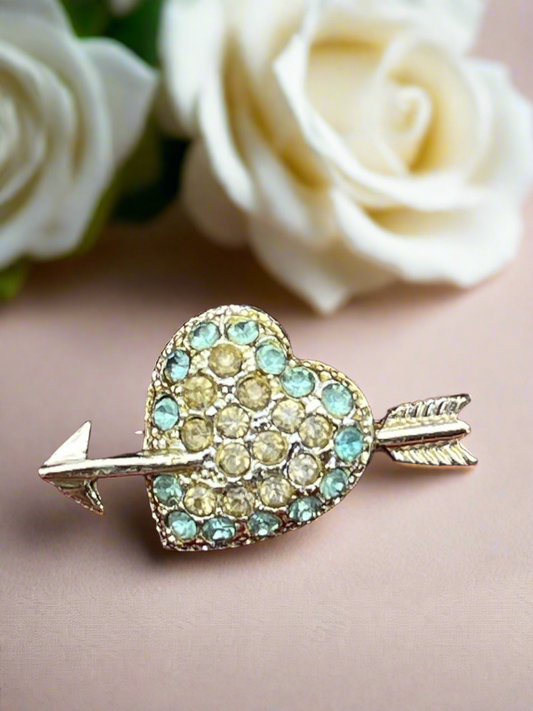 Vintage Love Heart Brooch Gold Tone Turquoise Rhinestone