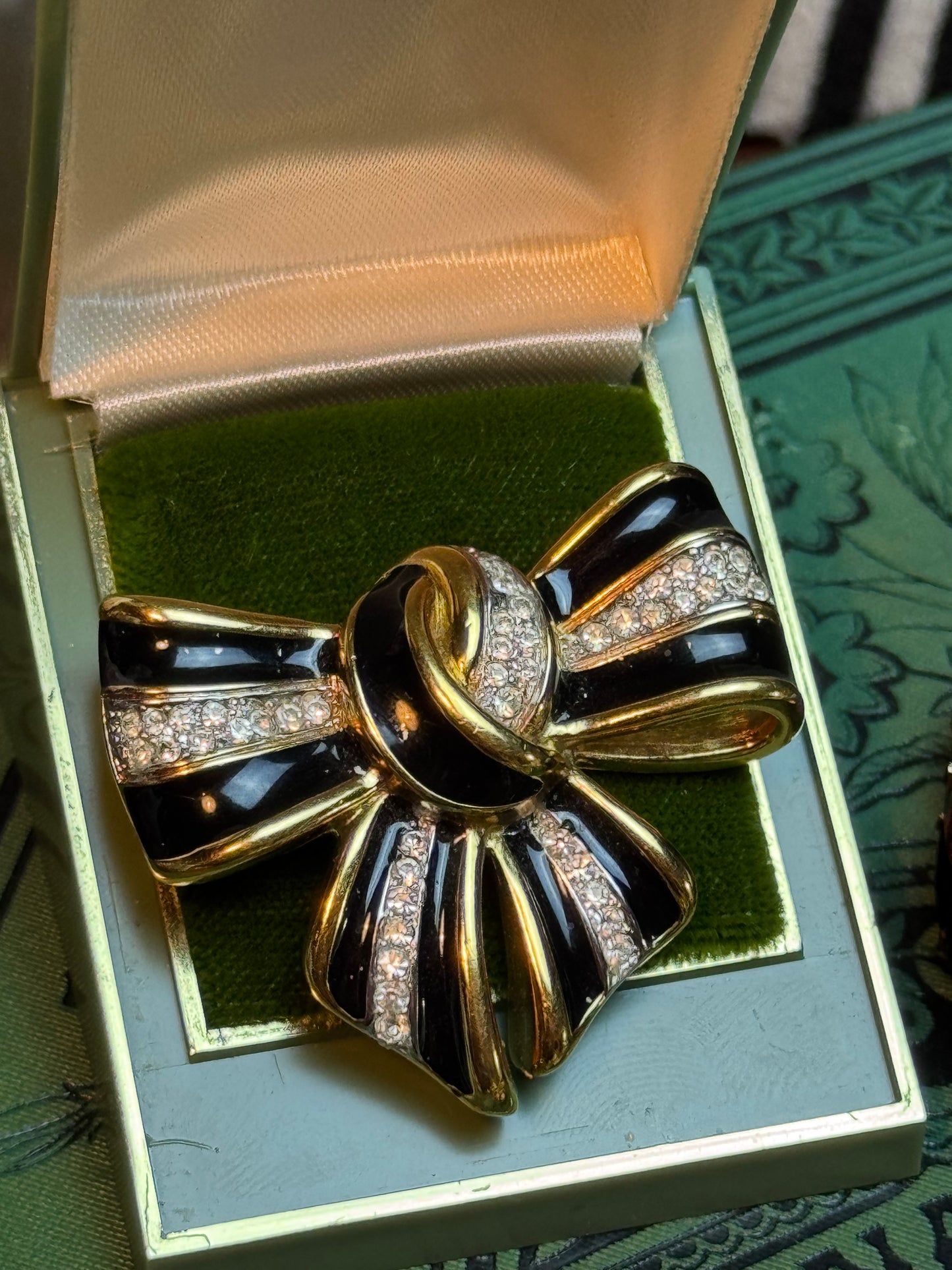Vintage Lanvin Paris Bow Brooch – Black Enamel & Swarovski Crystal – Signed Lanvin Germany