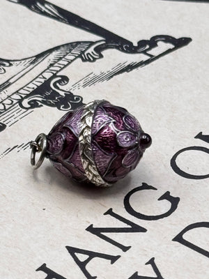 Vintage Guilloche Enamel Egg Pendant Purple Floral Pink Velvet Ribbon