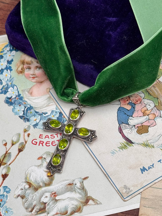 Vintage Sterling Silver Cross Pendant Peridot Green Stones 2.25” Statement Necklace