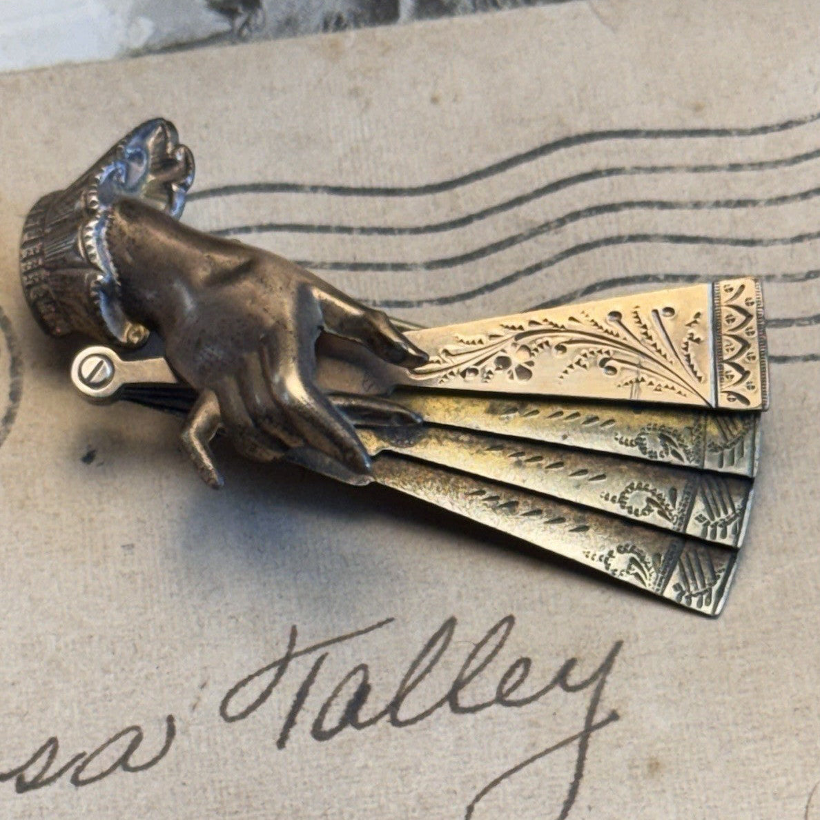 Victorian Hand Brooch Holding Engraved Fan Goldtone Figural 2”